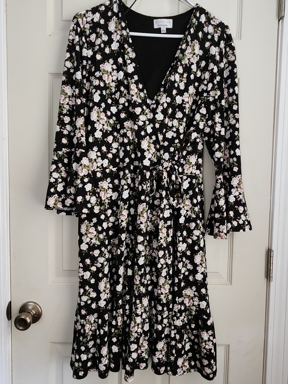 Robbie Bee Black Midi Wrap Dress with Pink & White Floral Print